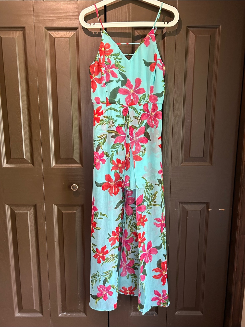 Guess Aqua Floral Strapless Maxi Dress with Pink & Red Flowers